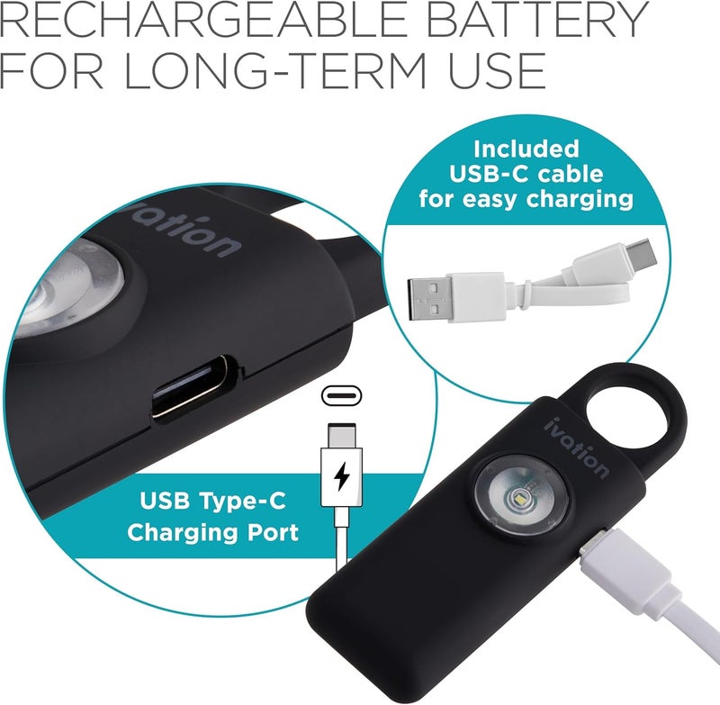 Ivation Personal Rechargeable SOS Alarm, Pocket Size Loud 130dB Sound Safety Siren & LED Panic Strobe Light with Carabiner Keychain Clip for Women, Children & Seniors, Black - Image 3